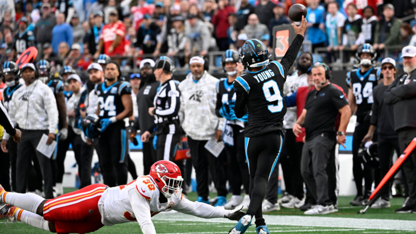 Carolina Panthers quarterback Bryce Young throwing a pass