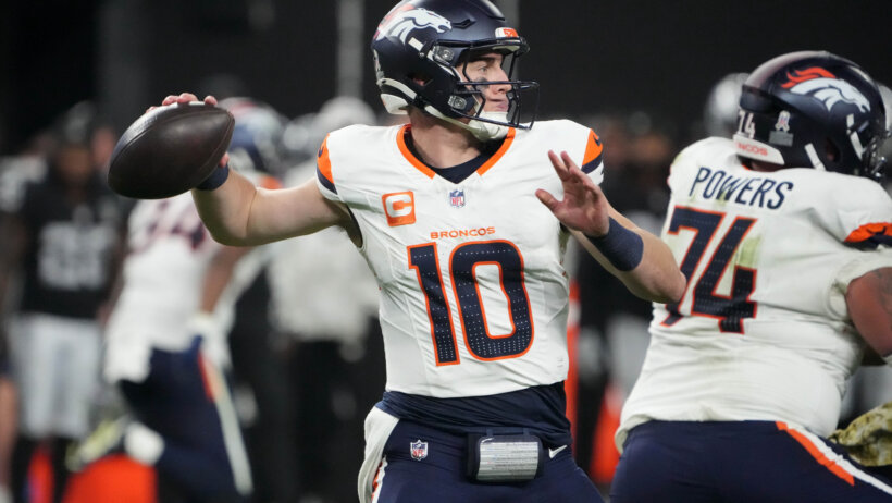 Denver Broncos quarterback Bo Nix throwing a pass