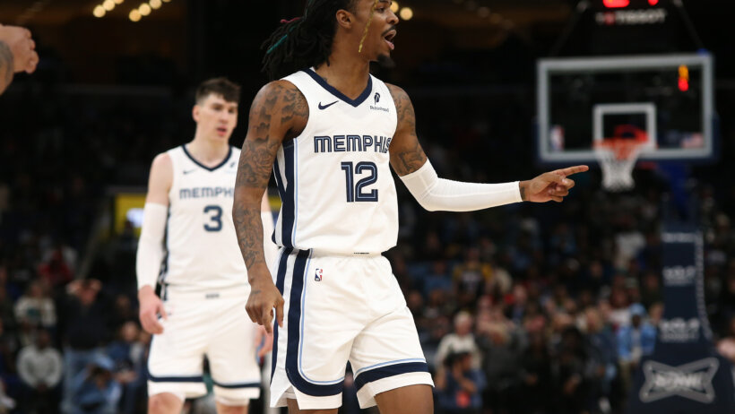 Memphis Grizzlies guard Ja Morant reacts after a foul call