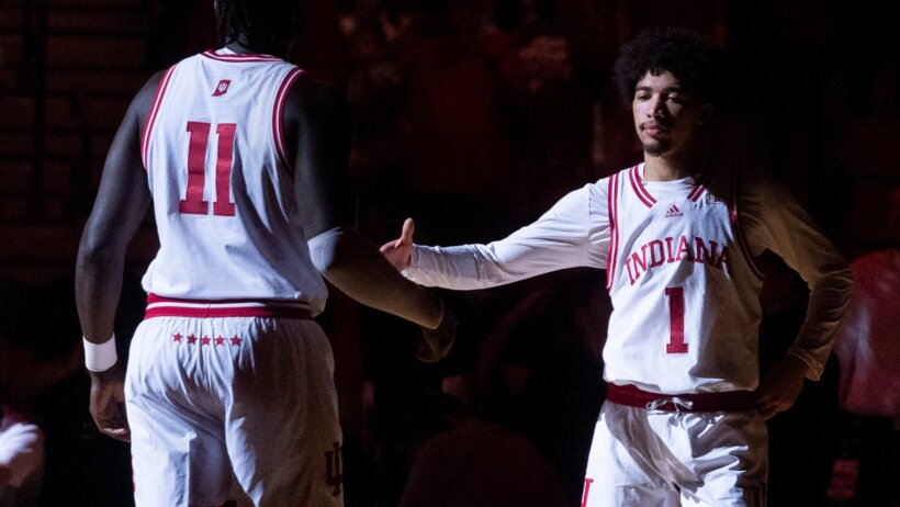 Indiana Hoosier players Myles Rice and Oumar Ballo walking out during introductions