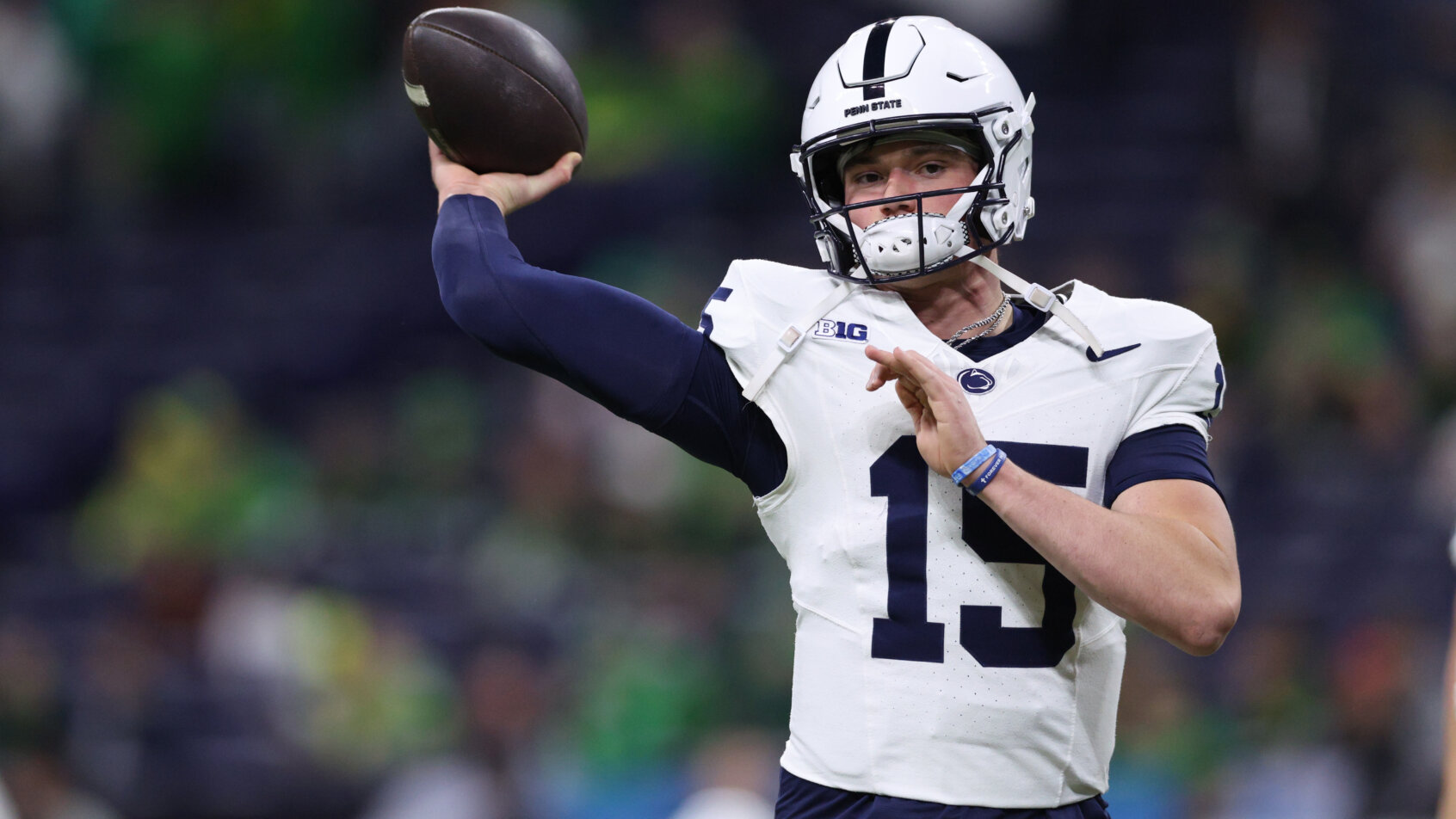 Penn State Nittany Lions quarterback Drew Allar warms up before a game