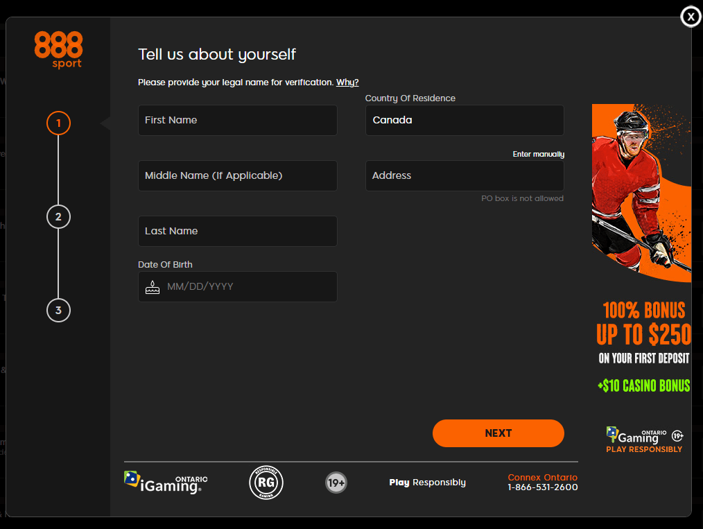 888sport Ontario sign up screen