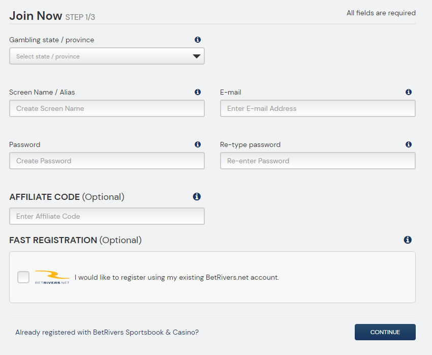 BetRivers Canada registration webpage