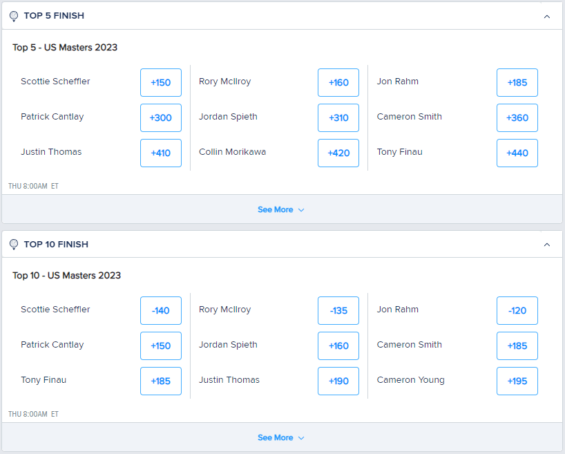 FanDuel Sportsbook Masters 2023 golf pros screenshot