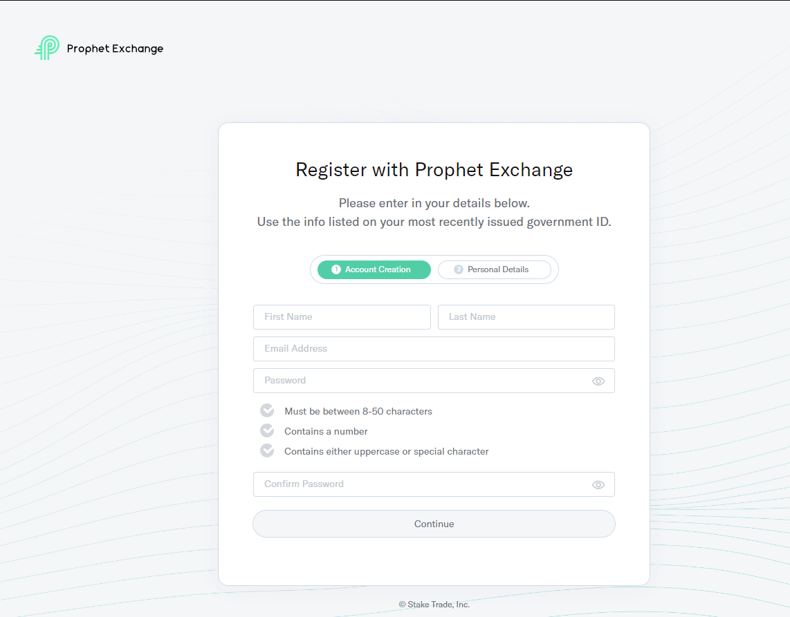 Prophet Exchange sign up page screenshot