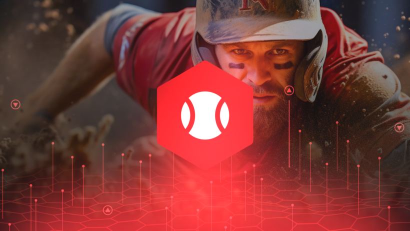 A baseball player slides into the plate with an MLB icon overlaid