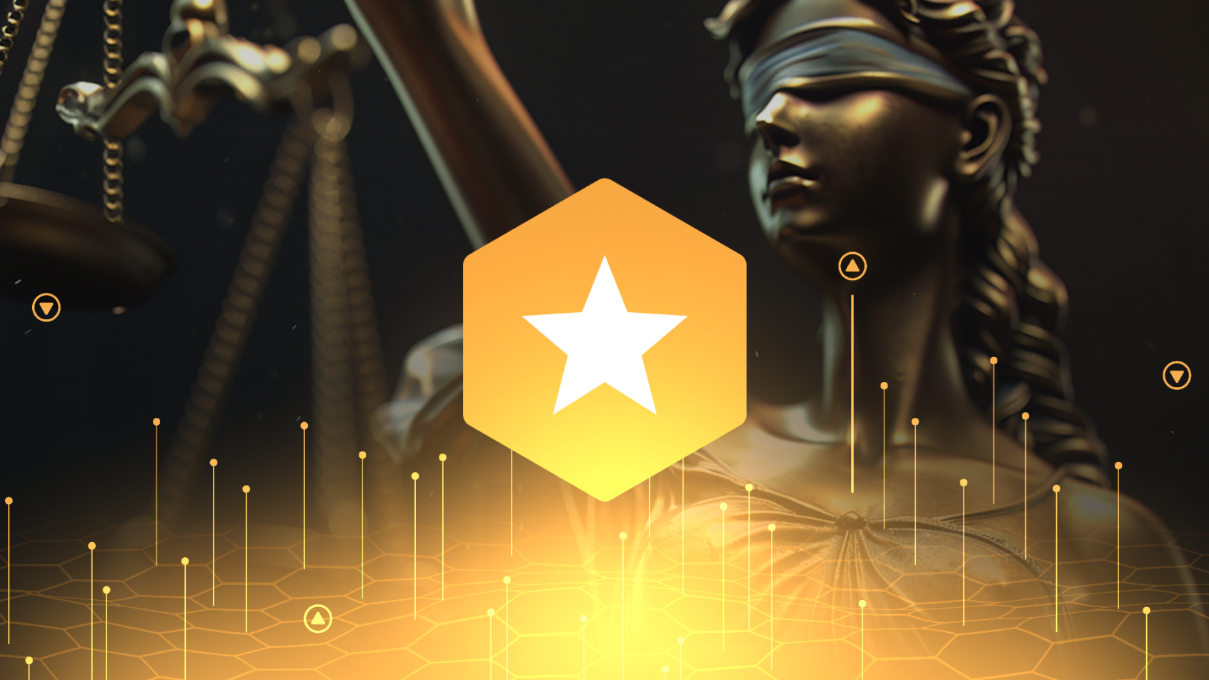 A closeup of Lady Justice with a gold star icon overlaid