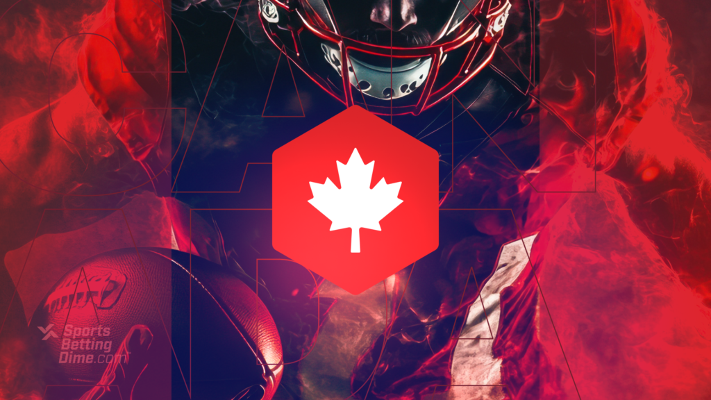 sports betting collage with a maple leaf icon overlaid