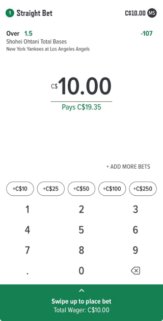 Caesars Sportsbook app $10 bet on Shohei Ohtani screenshot