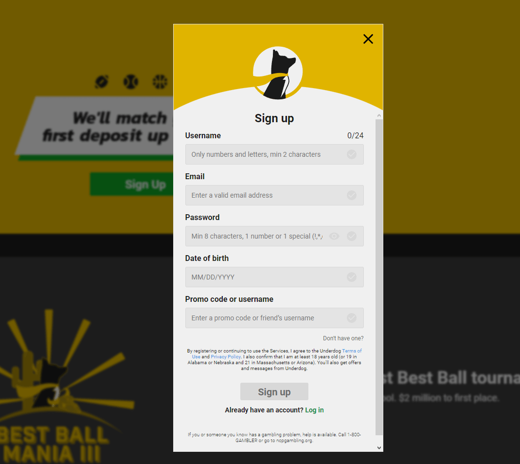 Underdog Fantasy signup screenshot